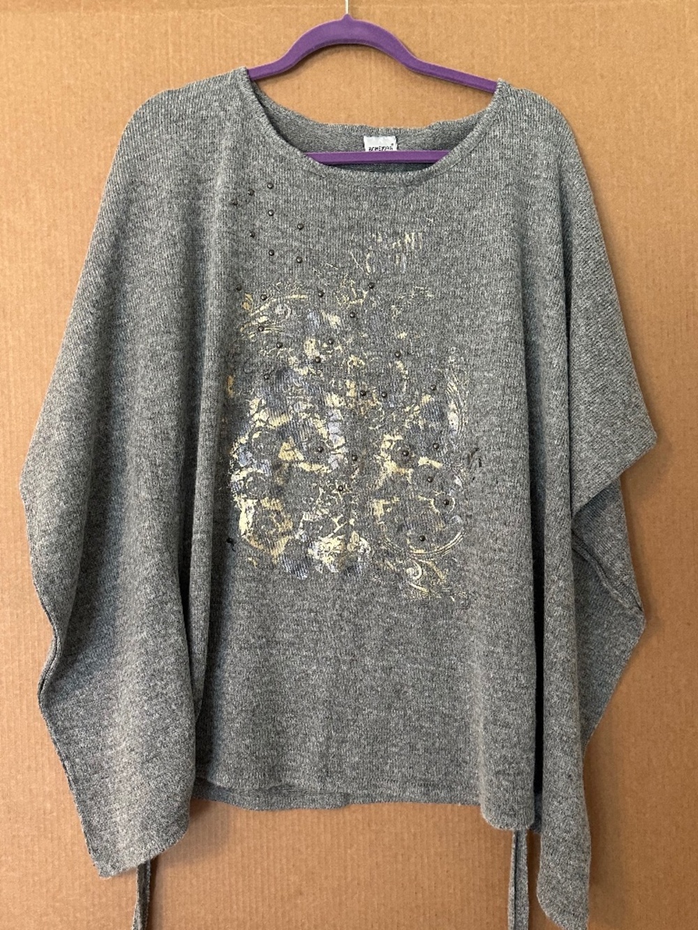 Bohemian Love Grey Metallic Gold Studded Poncho Top Drawstring Hem